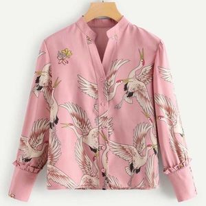 Frill Detail Crane Print Blouse